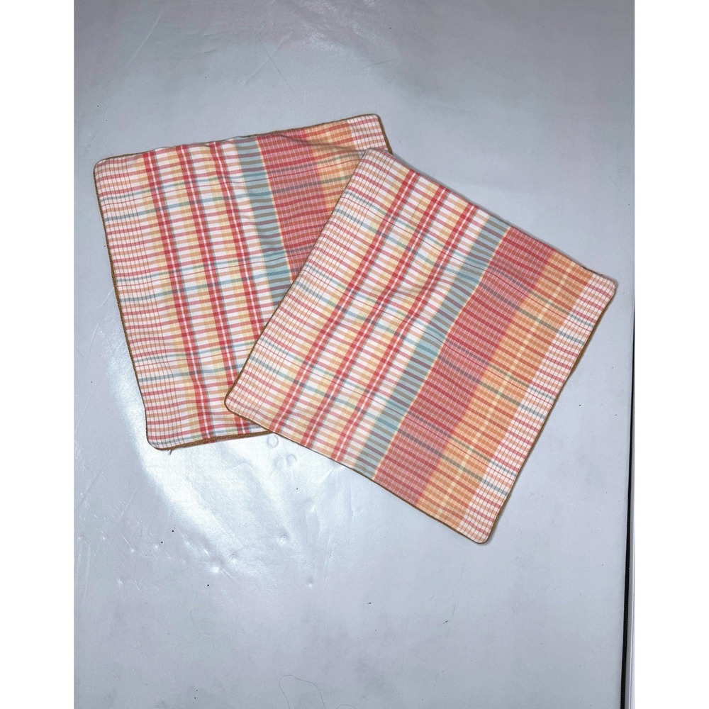 LAUREN RALPH LAUREN Set of 2 Plaid Pillow Covers Jute Trim Orange Coral 22"x23"